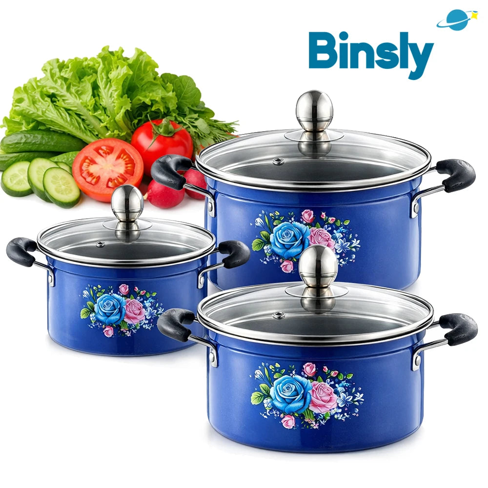 Set di Pentole da 6 Pezzi con Coperchi in Vetro, Motivo Floreale Classico, Set di Pentole Antiaderenti per Zuppe e Stufati, Compatibile con Fornelli a Induzione e Gas