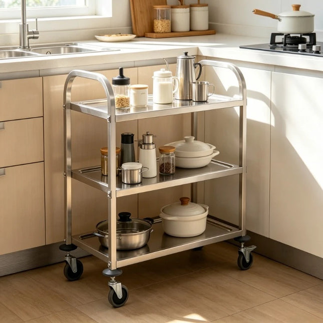 3-Tier Kitchen Cart, 96.5x55x90 cm, Stainless Steel Material, Solid and Stable Frame, Large Storage Capacity, Smooth-Rolling Wheels, Space-Saving, Easy to Assemble, for Home Use, Restaurants, Hotels