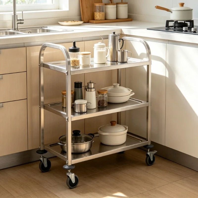Carrello da Cucina a 3 Ripiani, 96,5x55x90 Cm, Materiale in Acciaio Inossidabile, Telaio Solido e Stabile, Grande Capacità di Stoccaggio, Ruote Scorrevoli, Salvaspazio, Facile da Montare, per Uso Domestico, Ristoranti, Hotel