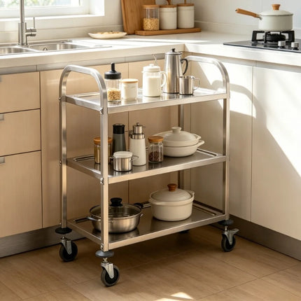 3-Tier Kitchen Cart, 96.5x55x90 cm, Stainless Steel Material, Solid and Stable Frame, Large Storage Capacity, Smooth-Rolling Wheels, Space-Saving, Easy to Assemble, for Home Use, Restaurants, Hotels