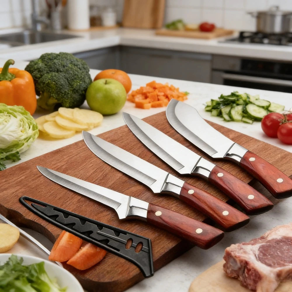 ZENG 4-teiliges Edelstahl-Fleischermesser-Set mit rotem Kunstholzgriff und Lederscheiden für die Küche