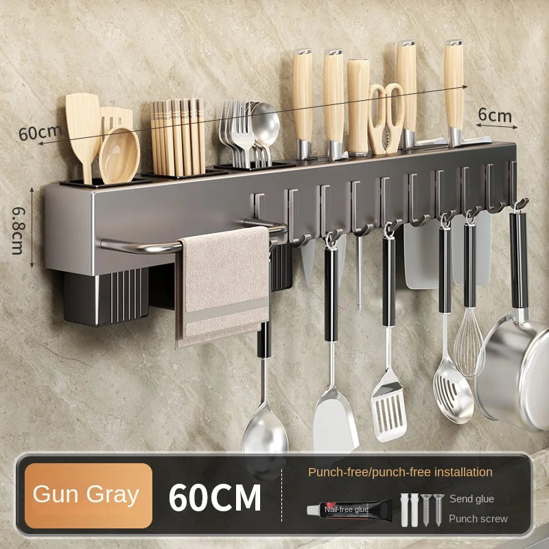 Mensola da cucina senza attrezzi, accessori da cucina, tubo per bacchette multifunzionale a parete, deposito per coltelli e attrezzi