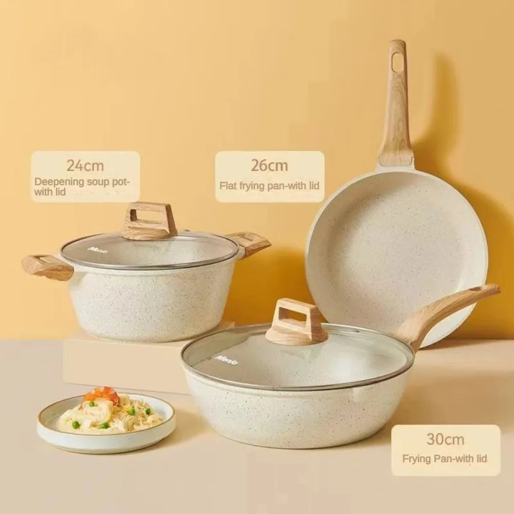 Set di 3-7 pentole e padelle Set di pentole antiaderenti Pentole a induzione in granito bianco Set da cucina antiaderente con padelle e casseruola
