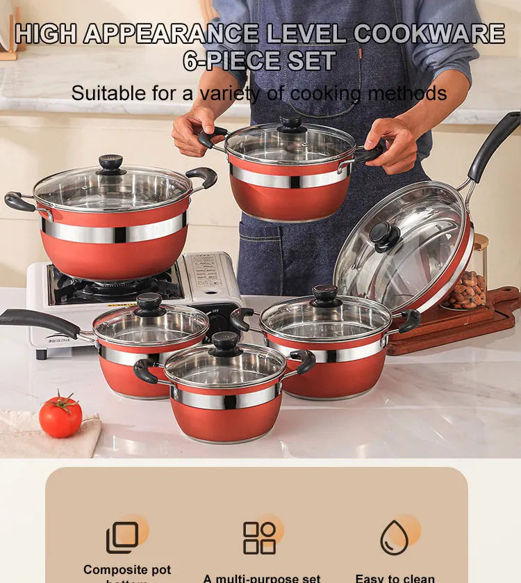 Set di Pentole Antiaderenti da 12 Pezzi in Acciaio Inox Premium con Coperchi in Vetro per Cucina Domestica