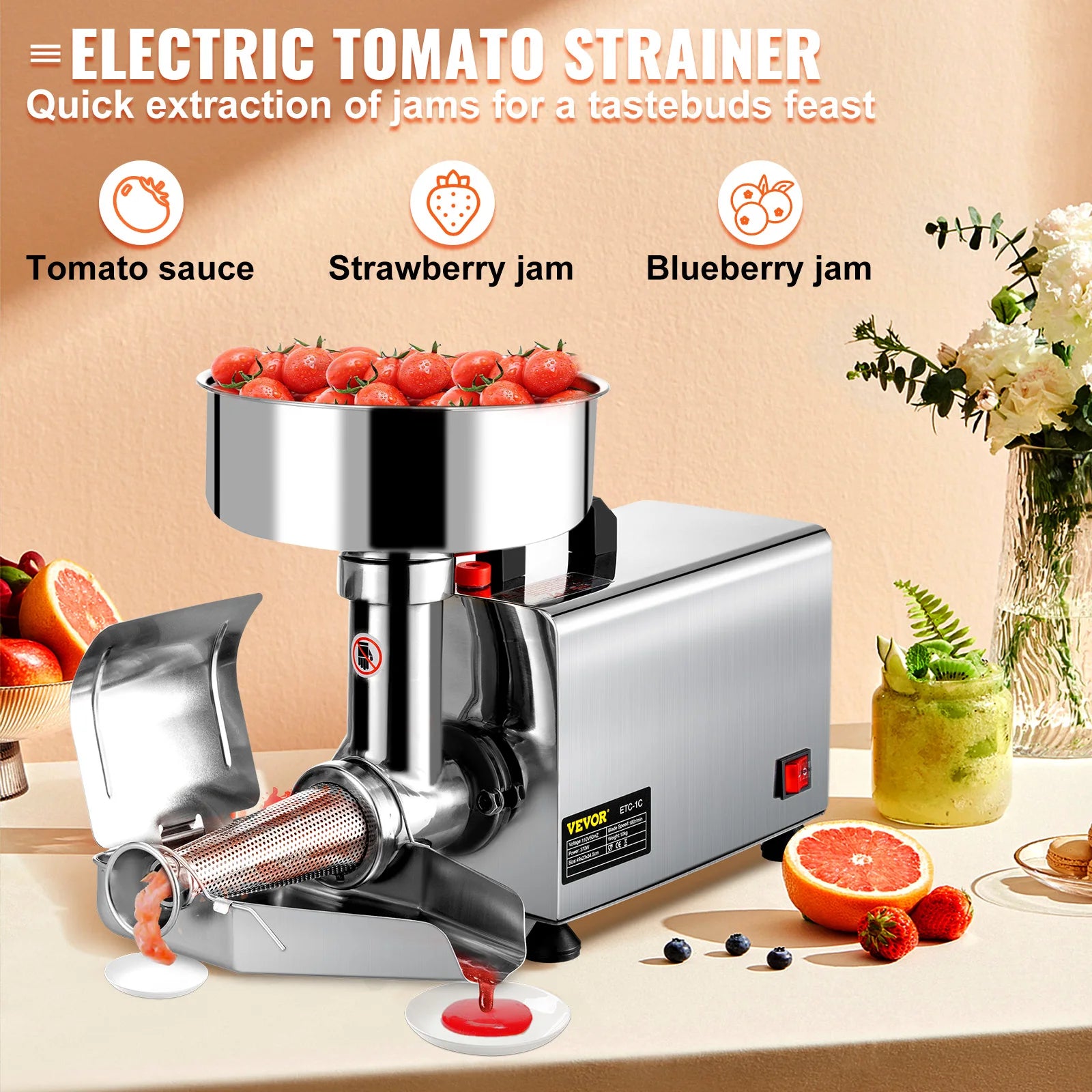 SucceBuy Elektrischer Passierer für Tomaten, 370W, professioneller Tomaten-Entsafter aus Edelstahl, 90-160 kg/h