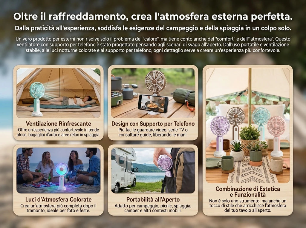 Mini ventilatore portatile con ricarica USB, ventilatore da tavolo, ventilatore portatile con luce ambientale integrata, tre livelli di velocità, per ufficio, viaggi, trucco, campeggio, pendolarismo all'aperto