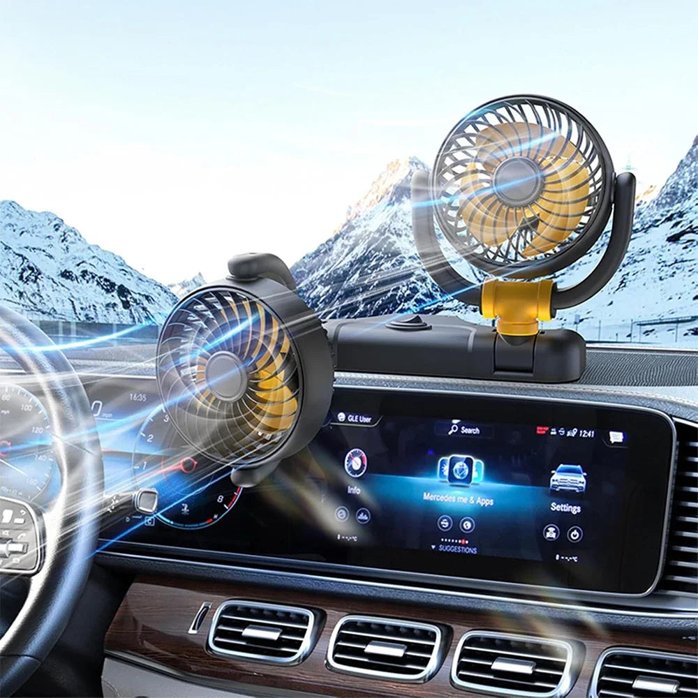 Ventilatore per Auto 12V a Doppia Testa con Rotazione a 360 Gradi, Portatile, 2 Velocità, Vento Forte, Alimentazione da Presa Accendisigari per Camion, SUV, Camper