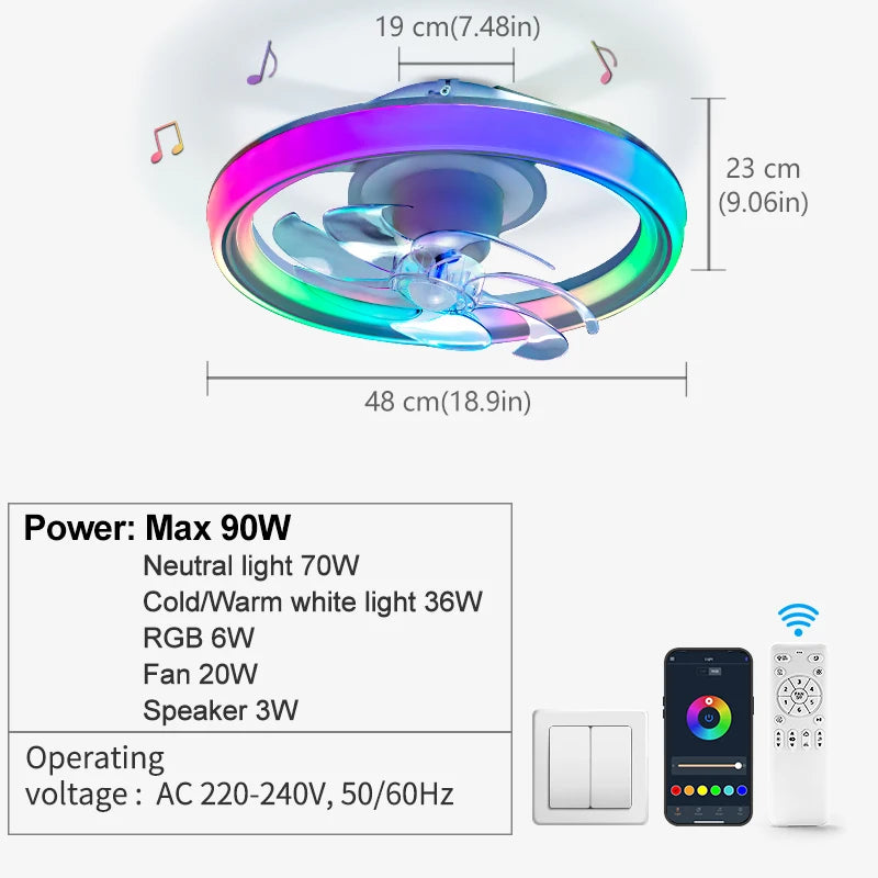 Ventilatore da soffitto a LED intelligente con altoparlante 360 °   Lampadario rotante moderno RGB con telecomando APP, lampadario a 6 velocità per interni domestici