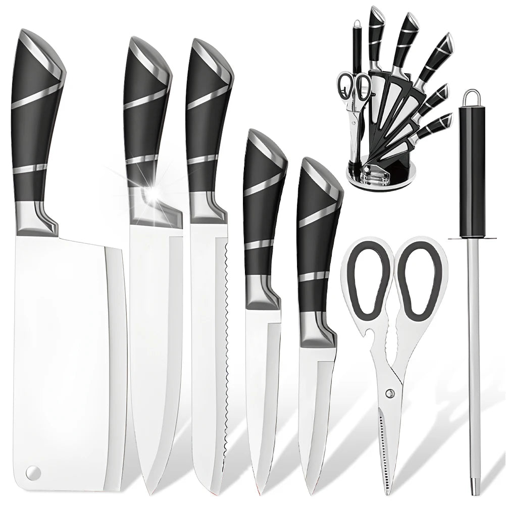 9-teiliges schwarzes Küchenmesserset mit hohlem Edelstahlgriff, scharf, langlebig, rostfrei, mit Messerblock, ideal für Zuhause oder als Geschenk.