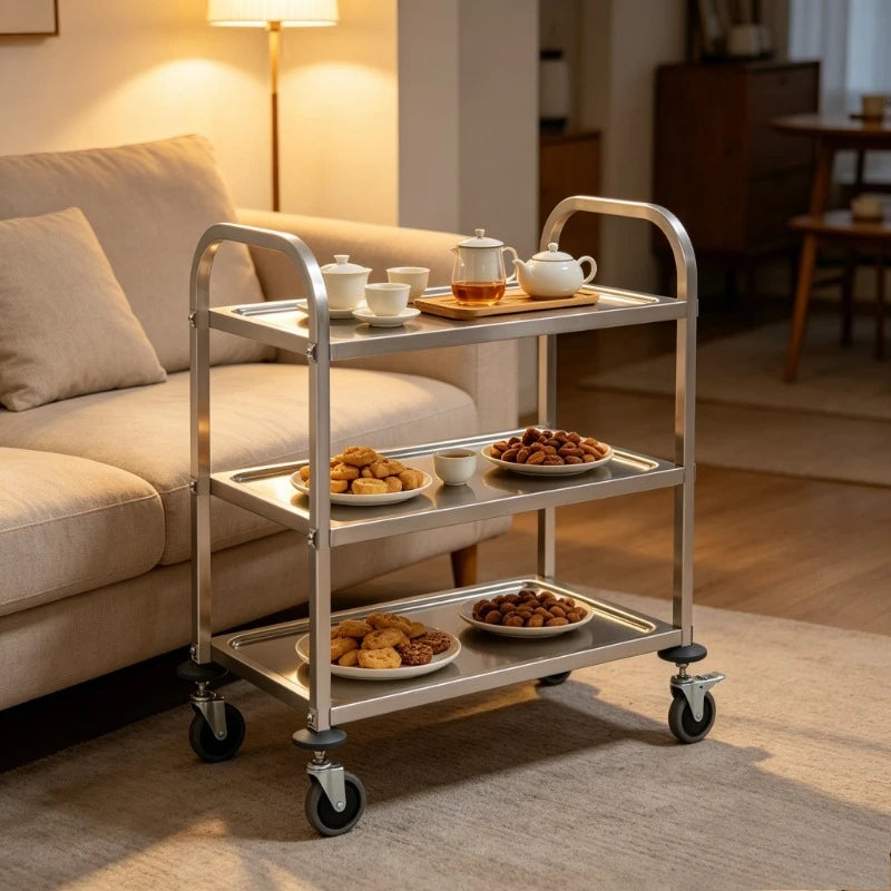 Carrello da Cucina a 3 Ripiani, 96,5x55x90 Cm, Materiale in Acciaio Inossidabile, Telaio Solido e Stabile, Grande Capacità di Stoccaggio, Ruote Scorrevoli, Salvaspazio, Facile da Montare, per Uso Domestico, Ristoranti, Hotel