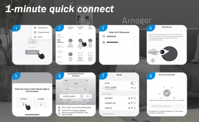 Arnagar Smart Home Saug- und Wischroboter mit automatischer Entleerung, App-Steuerung, 12000Pa, VSLAM, 5200mAh, geräuscharm für Teppichreinigung
