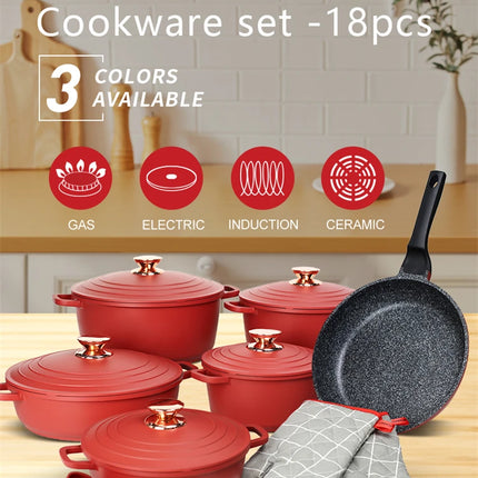 DONNOR 18 Pieces Nonstick Die Casting Aluminum Cookware Set Large Dutch Oven Pot with Lid and Handle for All Stoves Durable Casserole JT274