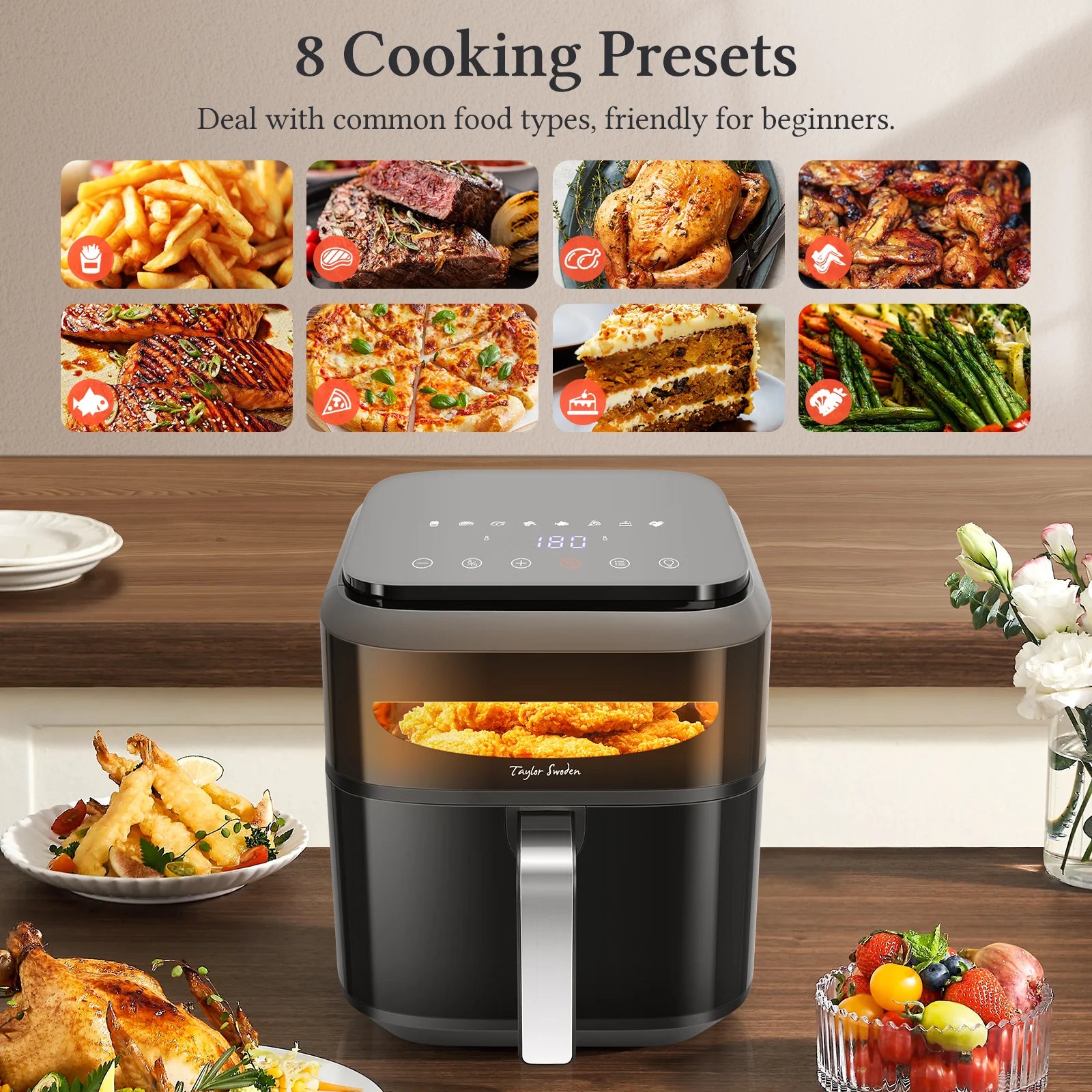 Friggitrice ad aria 6,5 L XXL doppia resistenza 8 funzioni finestra visualizzazione griglia antiaderente Taylor Swoden nera