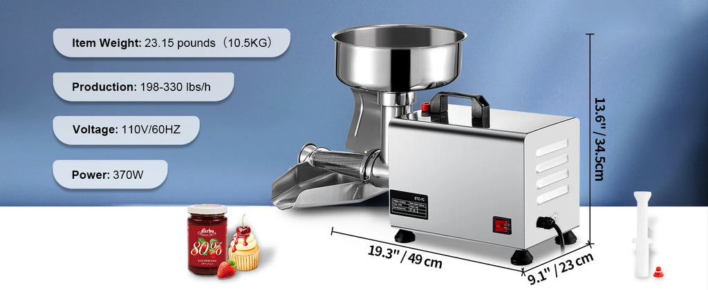 SucceBuy Elektrischer Passierer für Tomaten, 370W, professioneller Tomaten-Entsafter aus Edelstahl, 90-160 kg/h