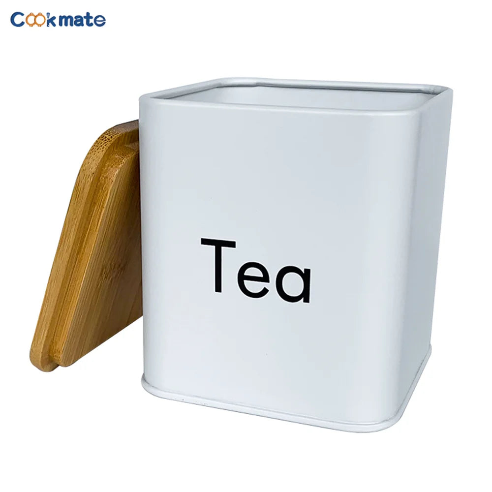 Set di Contenitori Ermetici in Metallo per Caffè, Tè e Zucchero con Coperchi in Bambù, 3 Barattoli per Piano di Lavoro