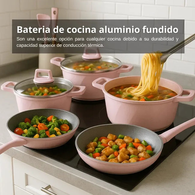 Pink 12-Piece Cookware Set - Non-Stick Marble Effect, Tempered Glass Lids, Suitable for All Hob Types, Includes Frying Pans, Utensils and Protectors