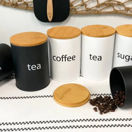 Metal Airtight Container Set for Coffee, Tea, and Sugar with Bamboo Lids, 3 Countertop Jars