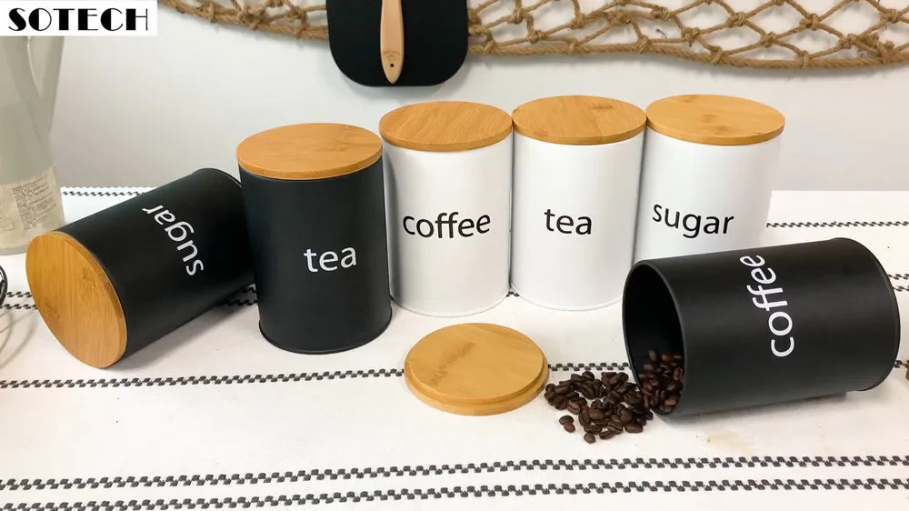 Set di Contenitori Ermetici in Metallo per Caffè, Tè e Zucchero con Coperchi in Bambù, 3 Barattoli per Piano di Lavoro