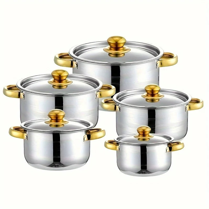 Set di pentole in acciaio inossidabile dorato da 5 pezzi stufe compatibili multiuso, antiaderenti, resistenti ai graffi e lavabili in lavastoviglie
