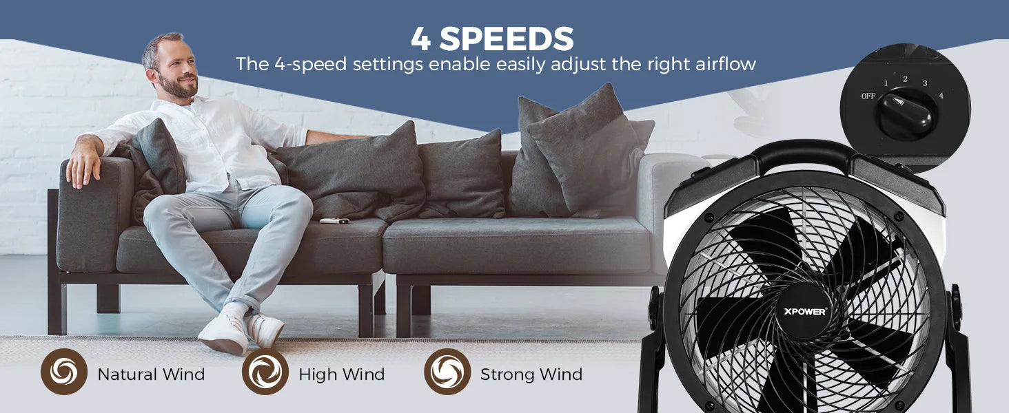 XPower FC-100 Ventilatore Industriale ad Alta Prestazione per Tutta la Stanza, Circolatore d'Aria, Ventilatore da Pavimento Multiuso a Velocità Variabile