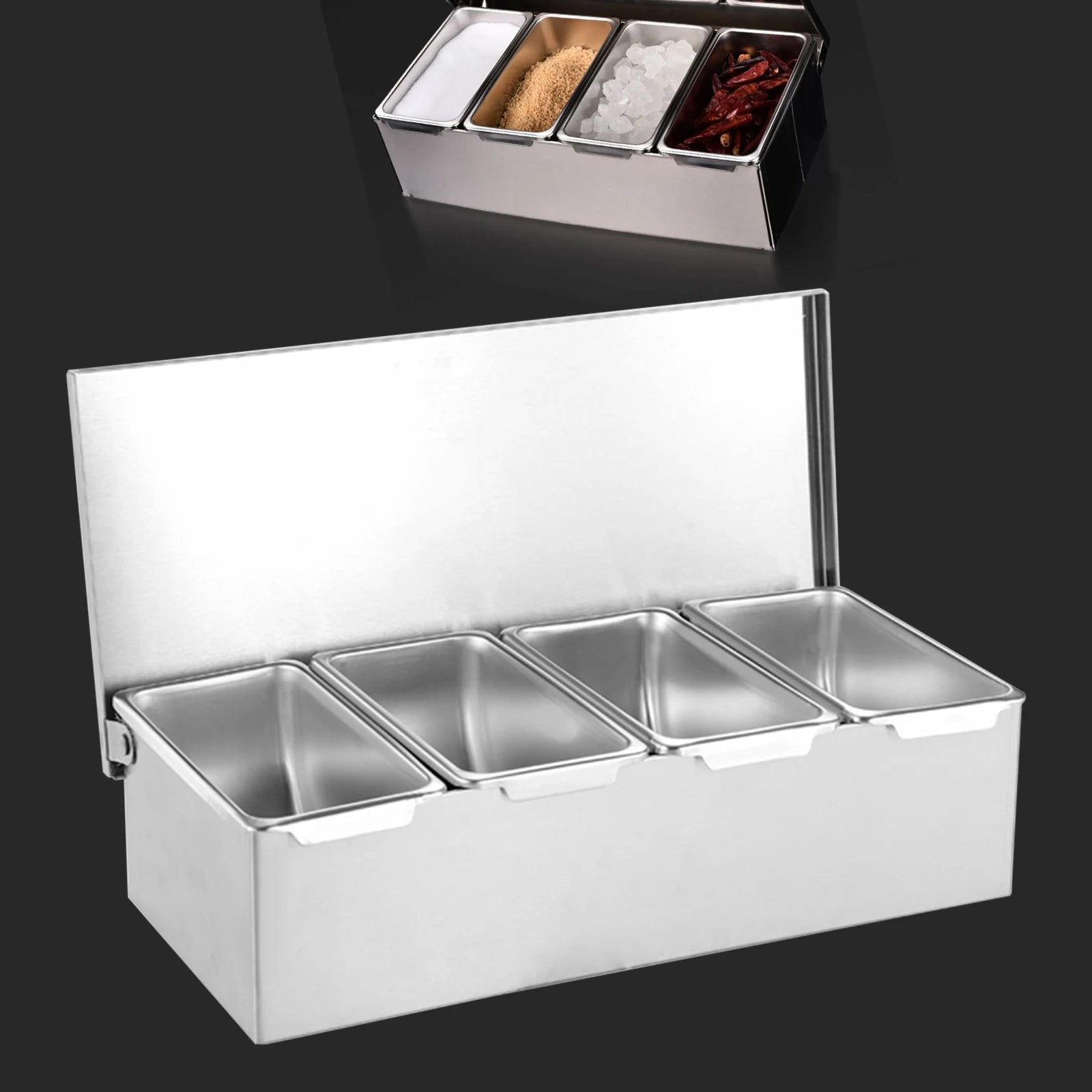 Silberne Obstschale aus Edelstahl mit 4 Fächern, Obstaufbewahrungsbox für den Haushalt, Gewürzbox für Küchen, Restaurants, Bars