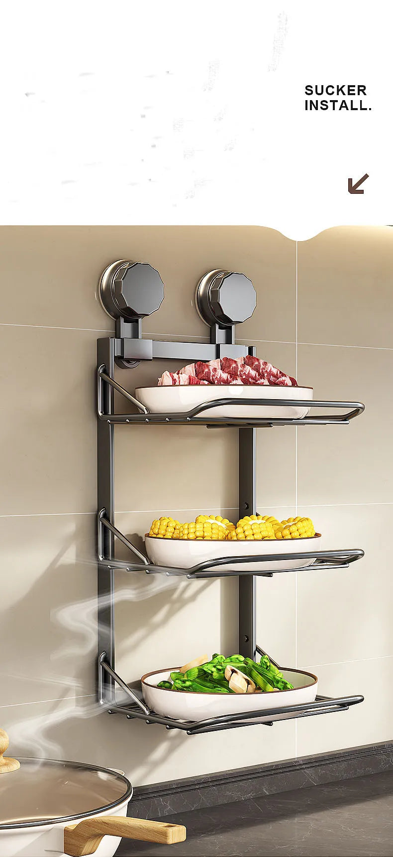 Ventosa multistrato Cucina Rastrelliere per verdure Frutta Parete angolare Vassoio per frutta Scaffale da cucina rimovibile Utensili senza trapano