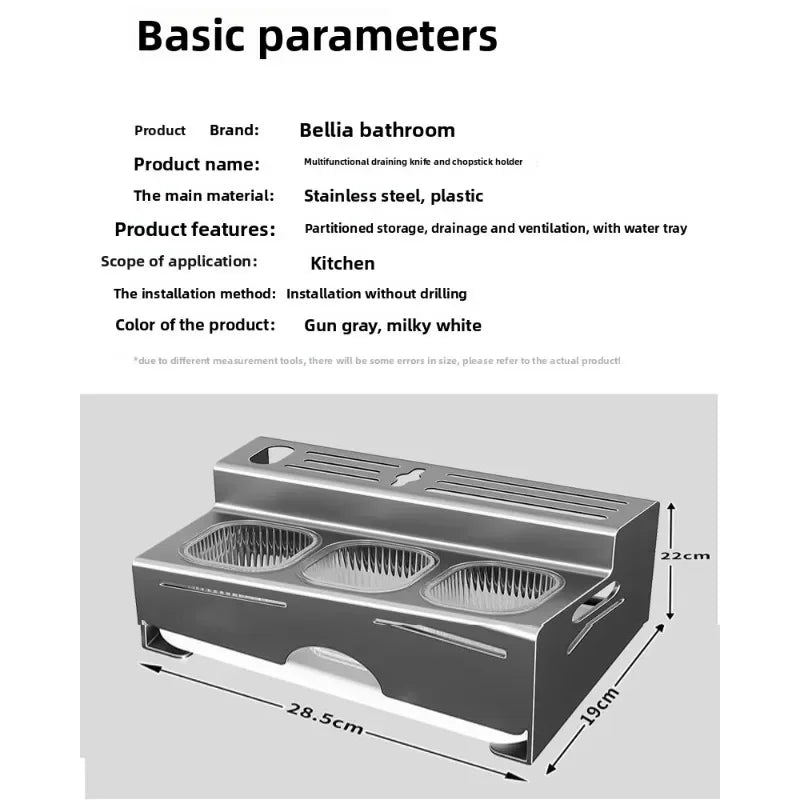 Porta Utensili da Cucina Multifunzionale con Porta Bacchette Integrato, Organizzatore da Parete Senza Foratura per Coltelli e Utensili