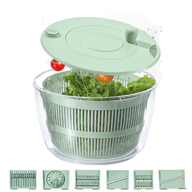 7-teiliges multifunktionales Salatschleuder-Set, Gemüsewascher, Gemüsehacker, Gemüseschneider, Reibe, Salatschüssel mit Deckel, Küchenhelfer