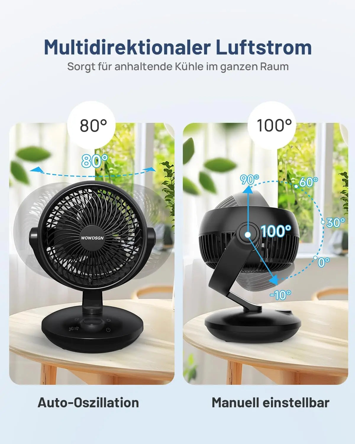 Ventilatori silenziosi WOWDSGN, 6 velocità regolabili, 3 modalità, 22 dB, neri, timer da 9 ore, ventilatore da tavolo per scrivania da ufficio per studenti, cucine, soggiorno