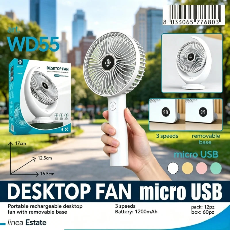 Ventilatore da tavolo a 5 velocità WETECH, portatile ricaricabile tramite USB, mini ventilatore silenzioso personale per ufficio e casa