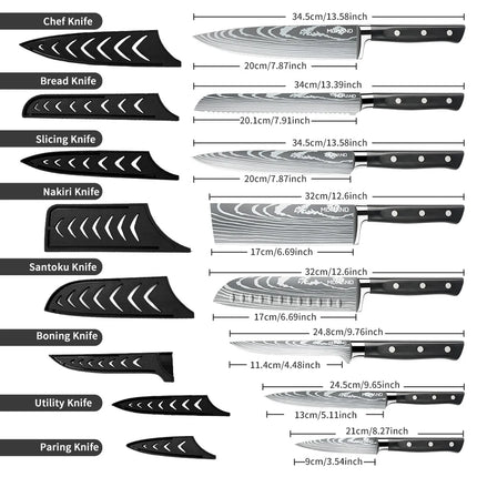 MDHAND 8 Piece Kitchen Knife Set Sharp Japanese Chef Knife, Fin Chopper, Multi-Purpose Bread Slicing Knife ABS Handle with Nylon Bag