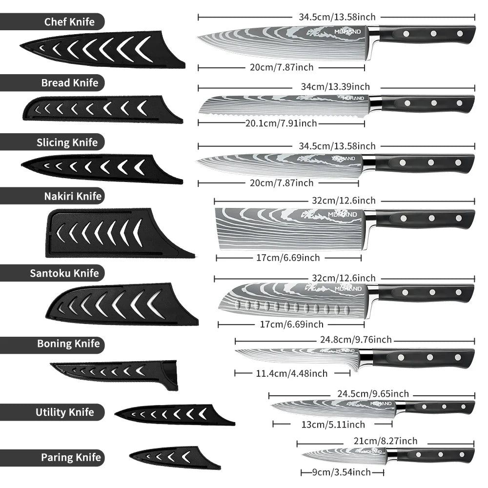 MDHAND Messerset, 8-teilig, scharfes japanisches Kochmesser, Hackbeil, Mehrzweckmesser für Brot und Scheiben, ABS-Griff mit Nylontasche