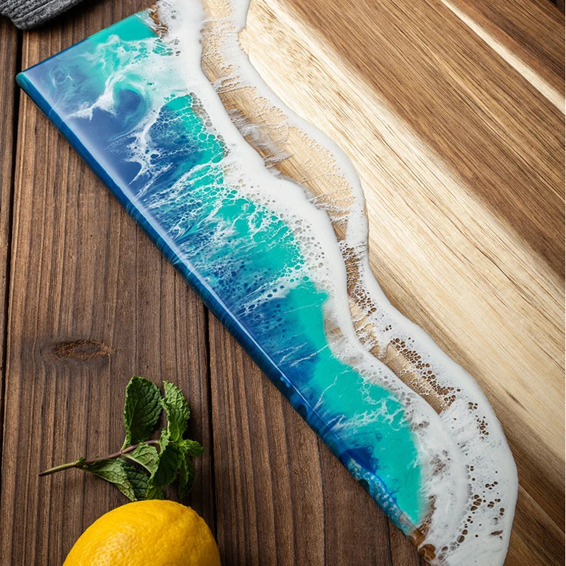 Akazienholz-Schneidebrett mit Epoxidharz im Ozeanwellen-Design, für Küchenzubereitungen und Käseplatten, für Wurstwaren, Challah-Schneidebrett