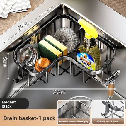Carbon Steel Kitchen Sink Drain, Wall-Mounted Corner Rag Storage Rack, No Drilling, Waterproof Space Saver