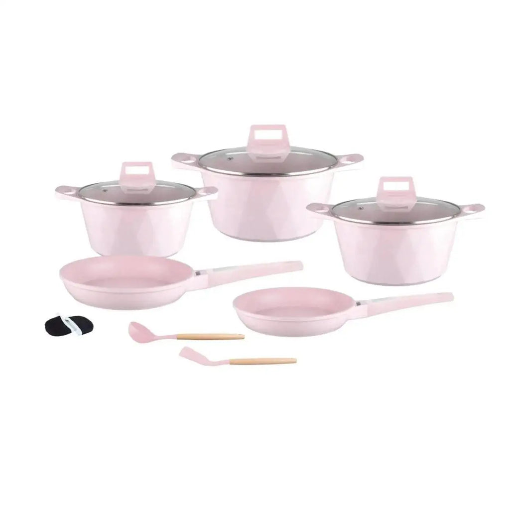 Rosa 12-teiliges Topfset – Antihaftbeschichtung mit Marmoreffekt, Deckel aus gehärtetem Glas, für alle Herdarten geeignet, inklusive Pfannen, Kochutensilien und Protektoren