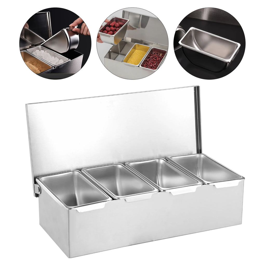 Silberne Obstschale aus Edelstahl mit 4 Fächern, Obstaufbewahrungsbox für den Haushalt, Gewürzbox für Küchen, Restaurants, Bars