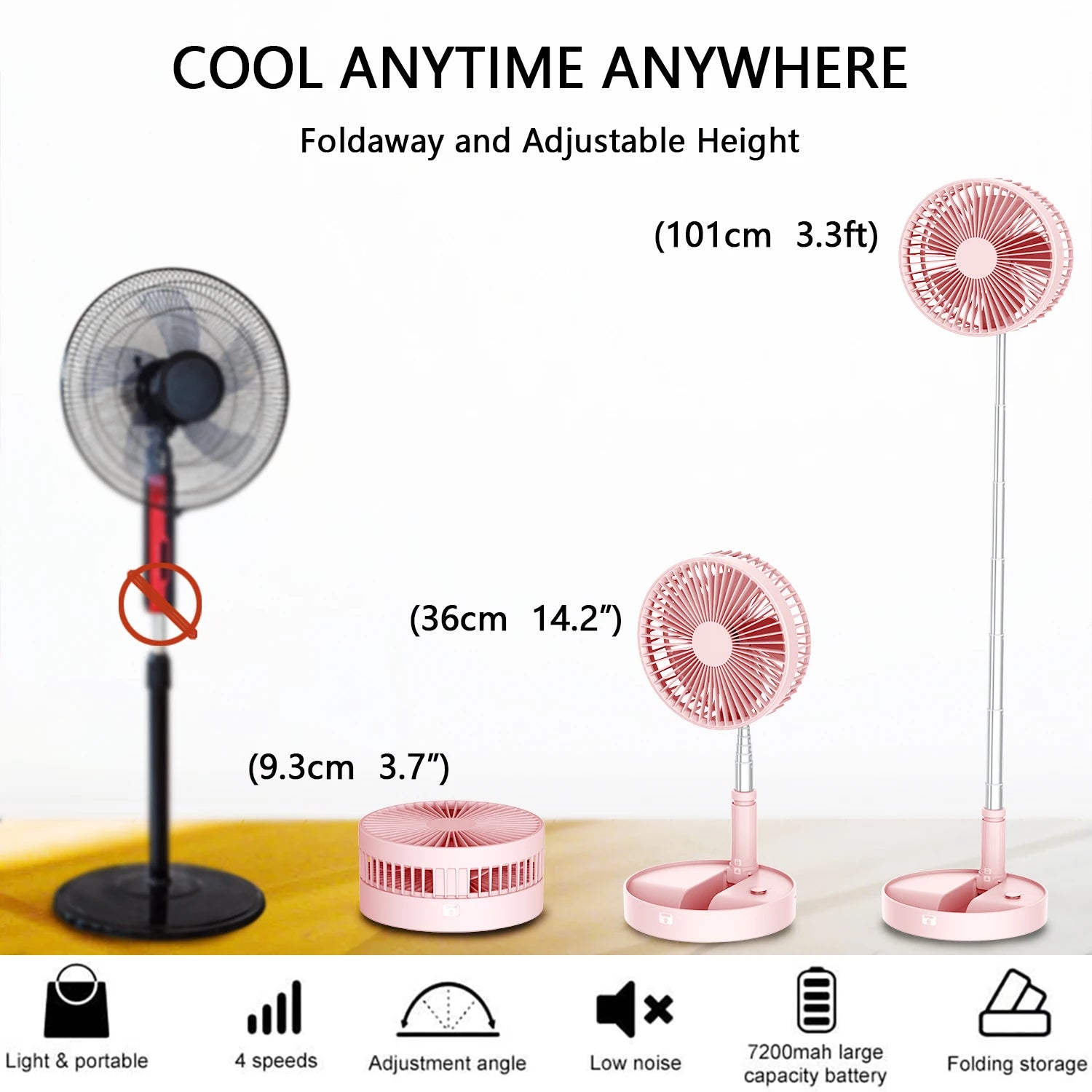 Ventilatore Portatile Pieghevole Ricaricabile [con Telecomando] a Batteria, Ventilatore da Terra Richiudibile, 4 Velocità, Timer