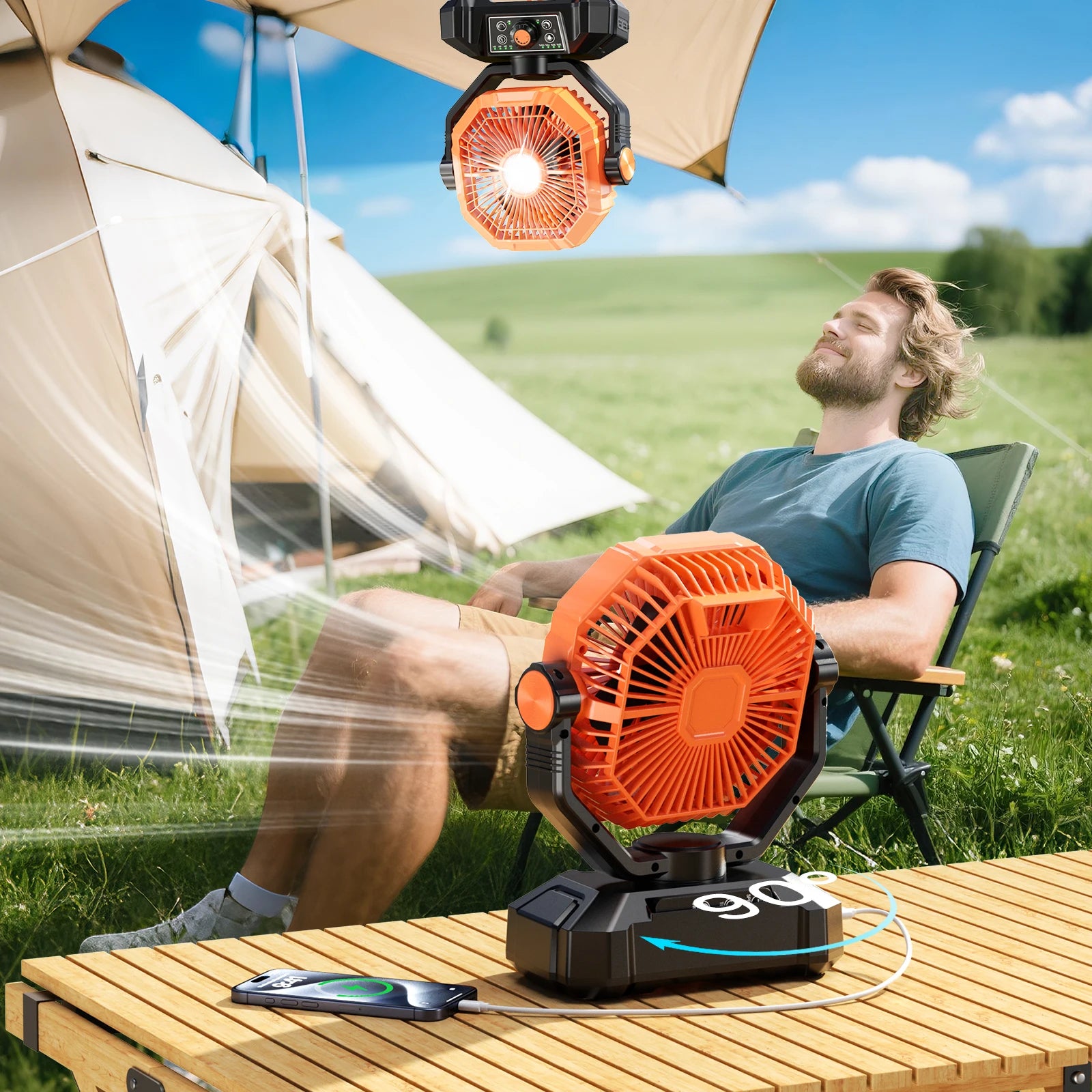 Ventilatore da Campeggio 20000mAh con Lanterna LED, Ventilatore da Tavolo a 8 Velocità con Telecomando, Ventilatore Portatile da Esterno con Gancio per Tenda, Interruzioni di Corrente, Cantiere