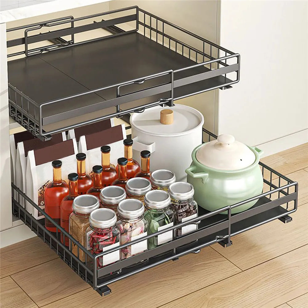 2 Pezzi Organizzatore Estraibile per Armadietto da Cucina, Senza Foratura, Cassetti Scorrevoli Espandibili per Cucina, Dispensa, Bagno