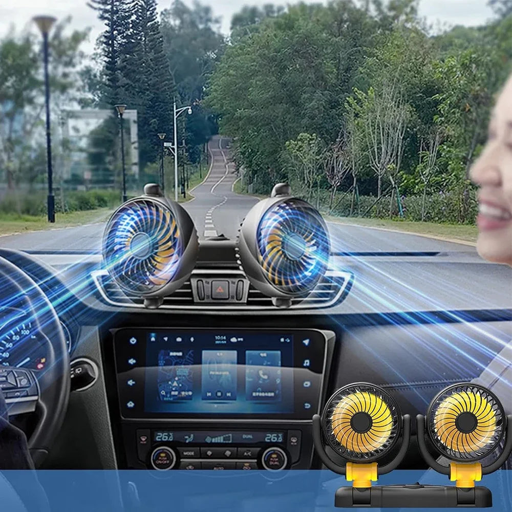 Ventilatore per Auto 12V a Doppia Testa con Rotazione a 360 Gradi, Portatile, 2 Velocità, Vento Forte, Alimentazione da Presa Accendisigari per Camion, SUV, Camper