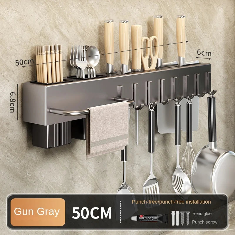 Mensola da cucina senza attrezzi, accessori da cucina, tubo per bacchette multifunzionale a parete, deposito per coltelli e attrezzi