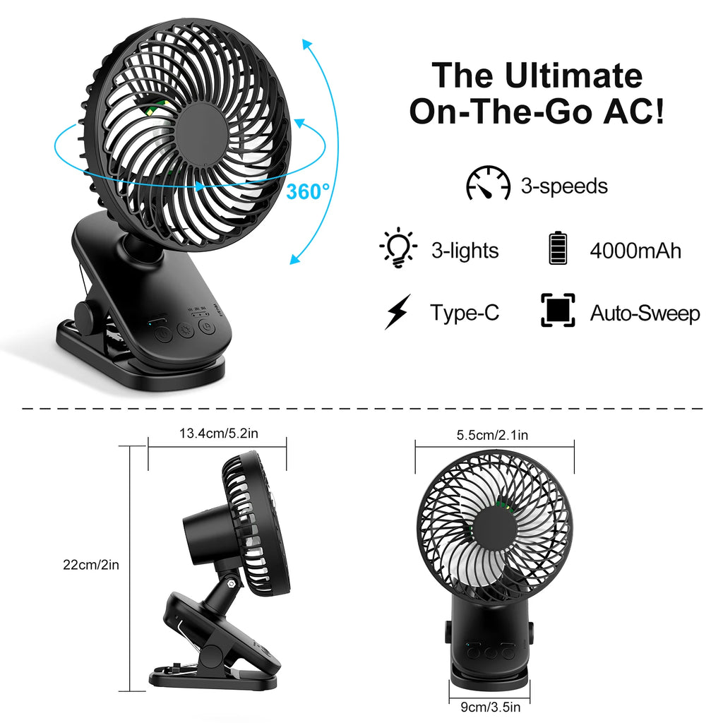 Mini Ventilatore Portatile a Clip, Ventilatore da Tavolo, 4 Velocità Silenziose con Rotazione a 360° °   Lampada da Campeggio con Oscillazione Automatica della Testa, Alimentazione ad Aria, Batteria da 4000mAh