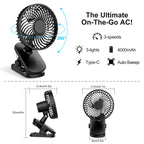Mini Ventilatore Portatile a Clip, Ventilatore da Tavolo, 4 Velocità Silenziose con Rotazione a 360° °   Lampada da Campeggio con Oscillazione Automatica della Testa, Alimentazione ad Aria, Batteria da 4000mAh