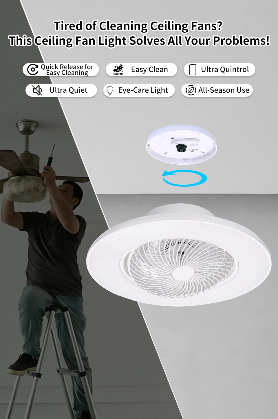 Ventilatore da soffitto da 100W con luce, controllo remoto tramite APP, lampada a LED dimmerabile a 360° °   Luce di sfondo RGB silenziosa girevole a 6 velocità per la casa