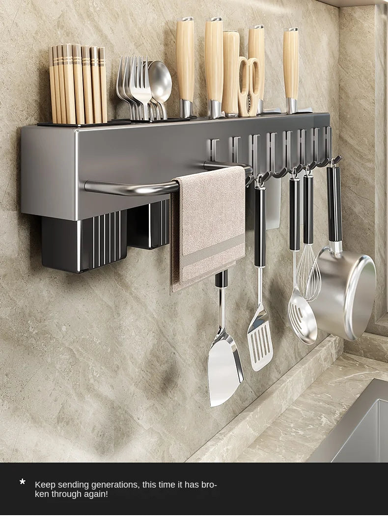 Mensola da cucina senza attrezzi, accessori da cucina, tubo per bacchette multifunzionale a parete, deposito per coltelli e attrezzi