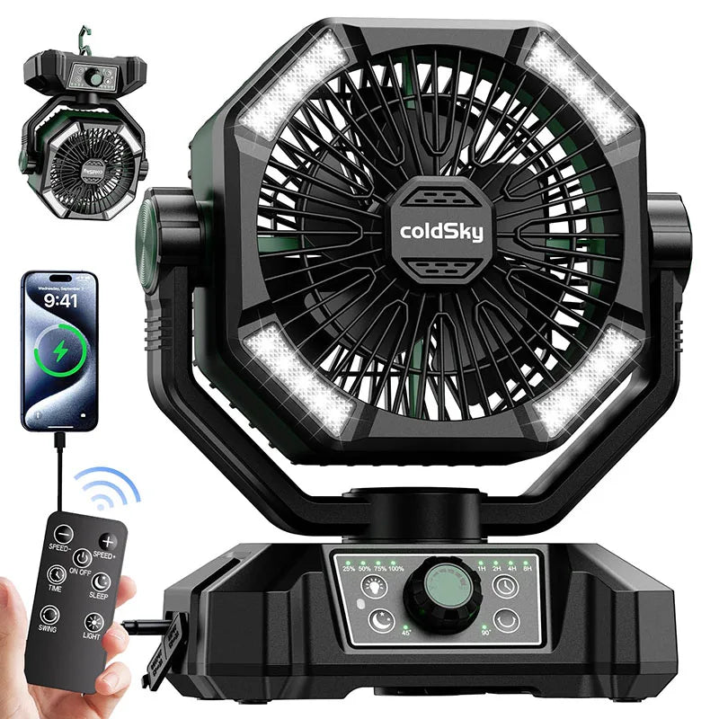 Ventilatore da campeggio con batteria da 20000 mAh con lanterna a 4 LED Ventilatore da tavolo a 8 velocità Ventilatore da esterno portatile per tenda da campeggio all'aperto e pesca