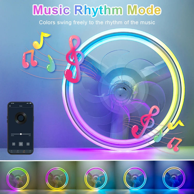 Ventilatore da soffitto a LED intelligente con altoparlante 360 °   Lampadario rotante moderno RGB con telecomando APP, lampadario a 6 velocità per interni domestici