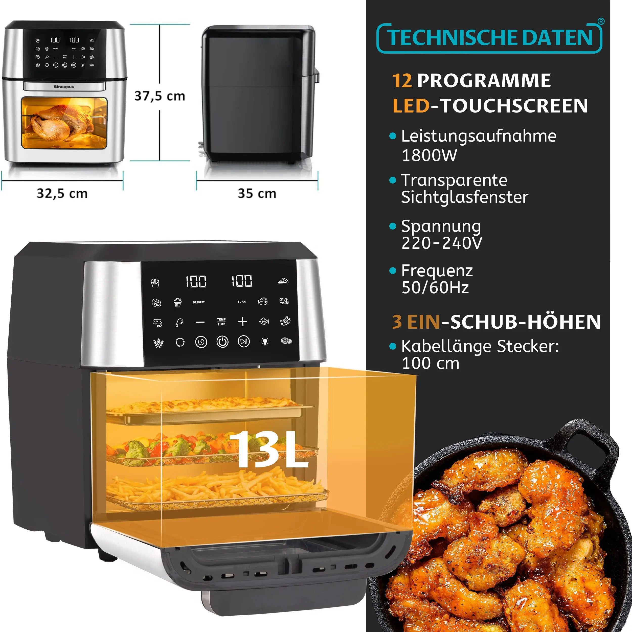 Sinaopus Friggitrice ad Aria 9L Doppio Cestello 2000W con Display LED 2 Zone Cottura