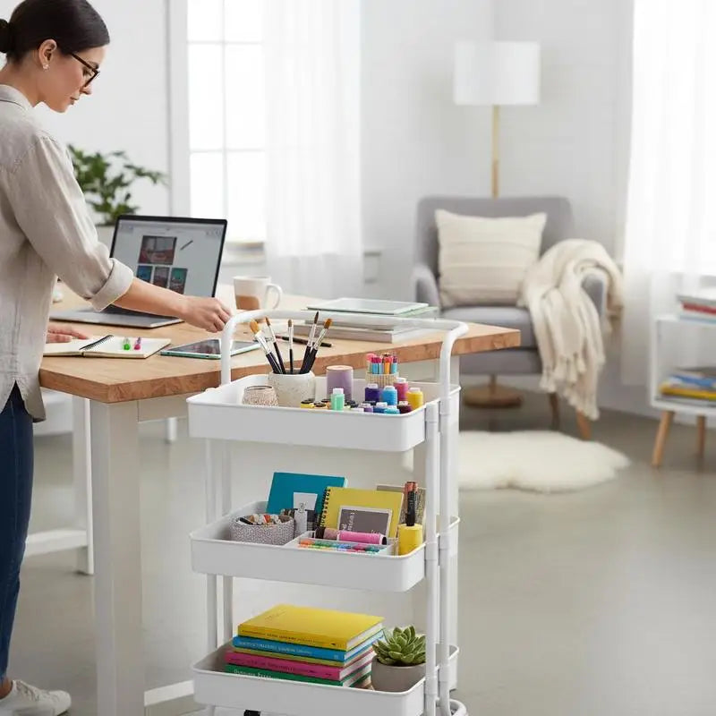 Carrello da cucina bianco a 3 livelli, 42x35x85 cm, materiale in ferro e ABS, stile moderno e semplice, telaio robusto anti-vibrazione, ampio spazio di archiviazione a strati, ruote universali scorrevoli, facile montaggio, sa