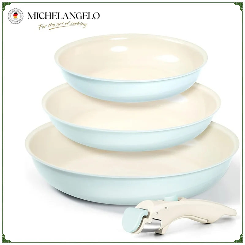 MICHELANGELO 3-teiliges Antihaft-Pfannenset mit abnehmbarem Griff, Keramikbeschichtung, Induktionspfannen, Steakpfanne, Omelettpfanne, ofenfest